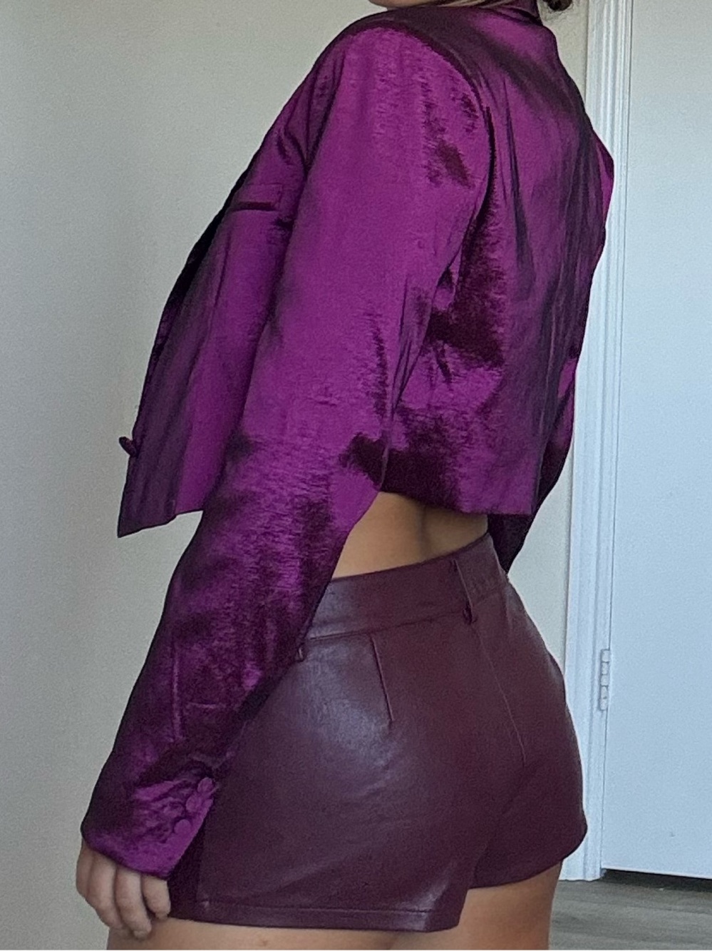 House of Harlow 80s Deep Magenta Satin Cropped Jacket and Tank Top
